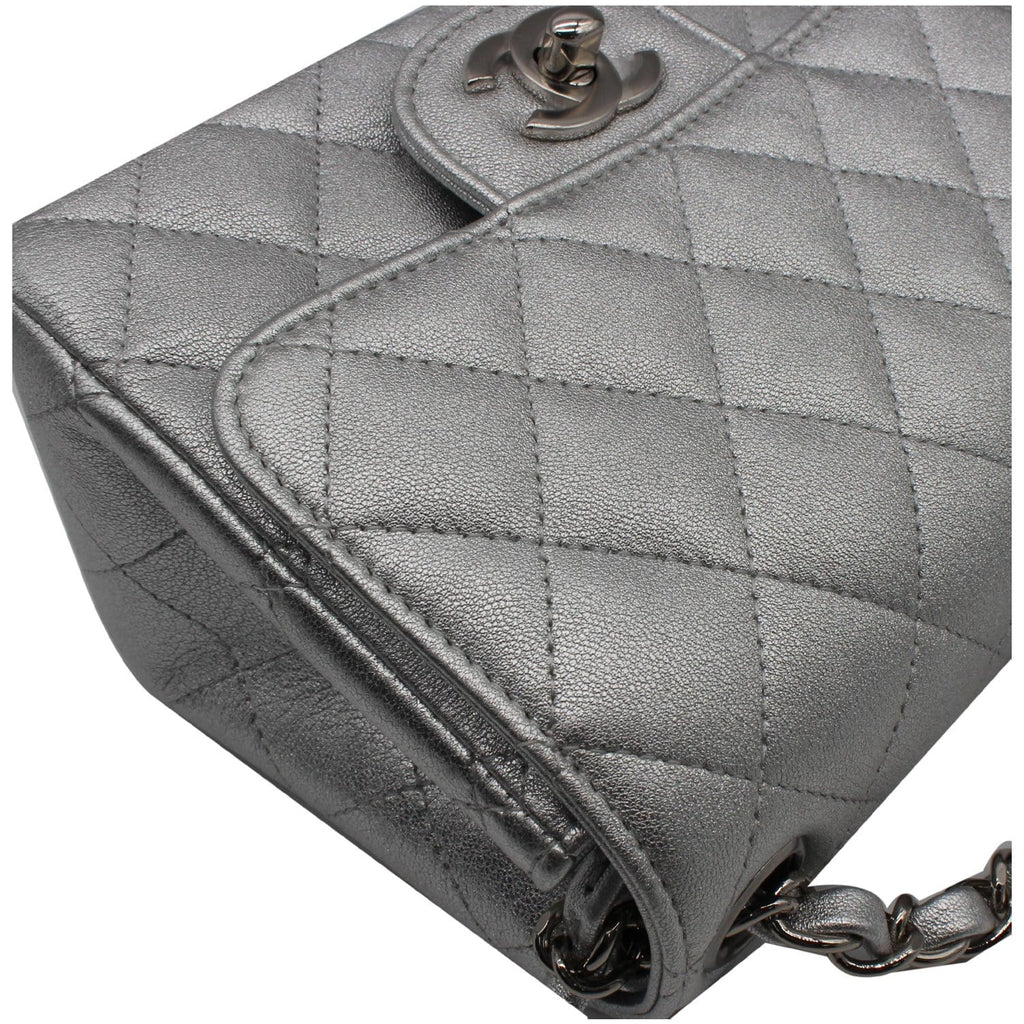 Chanel Mini Square Flap Quilted Leather Shoulder Bag Metallic Silver
