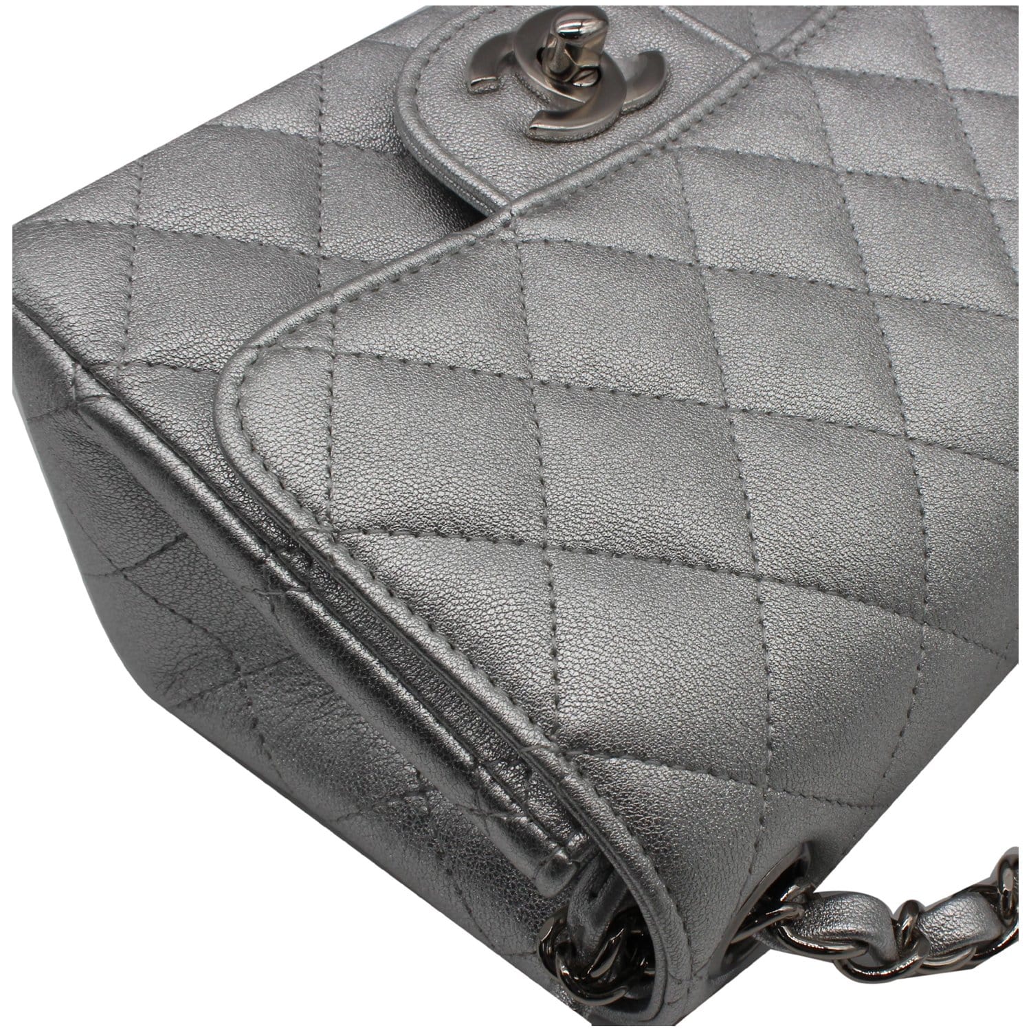 Chanel Mini Square Flap Quilted Leather Shoulder Bag Metallic Silver