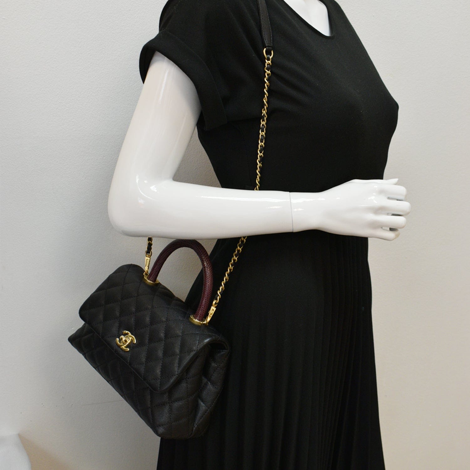 Chanel Coco Mini Top Lizard Handle Caviar Leather Shoulder Bag Black
