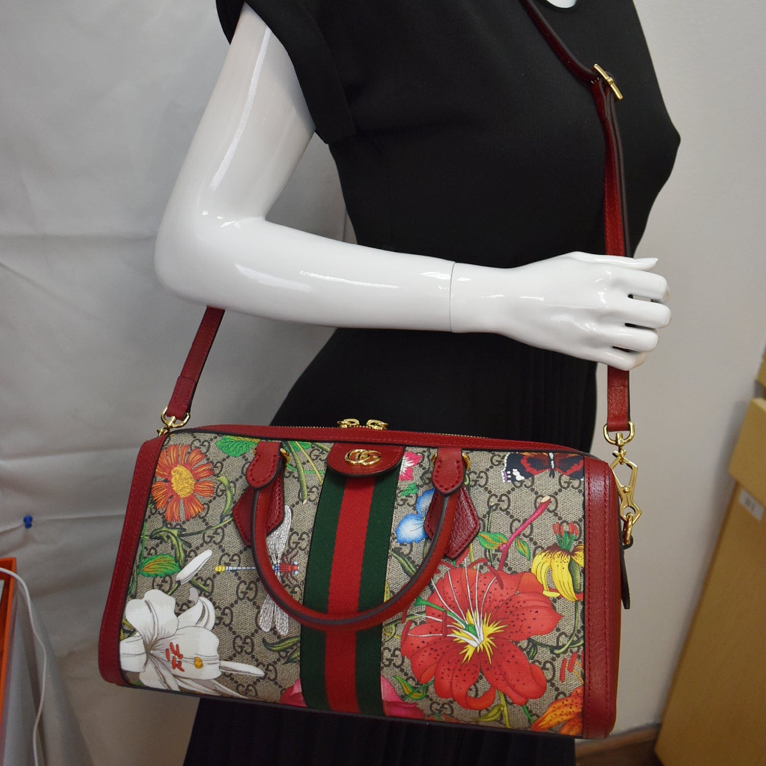 GUCCI Ophidia Flora Web Gucci Supreme Canvas Top Handle Shoulder Bag Red 524532