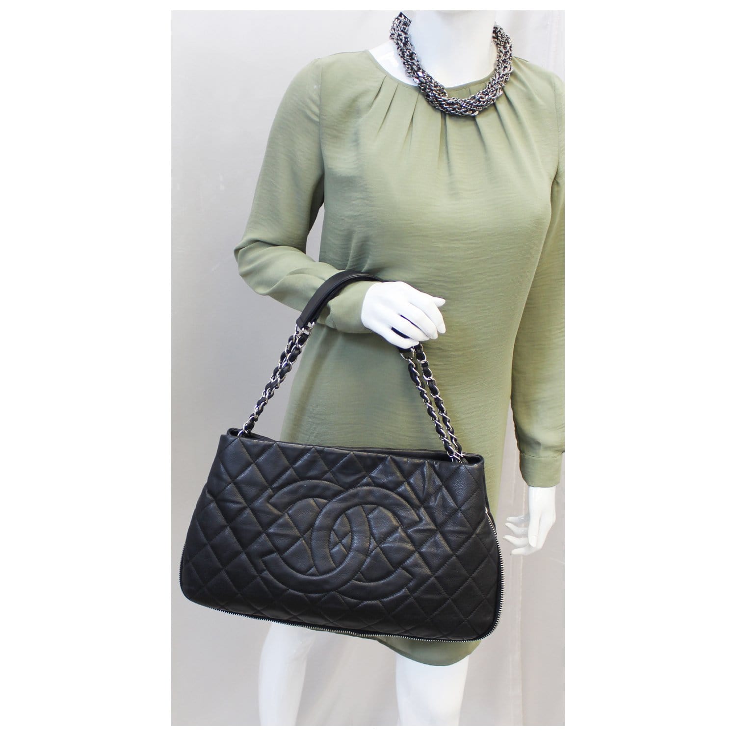 Chanel Black Quilted Caviar Leather Leather Zip Around Tote Bag