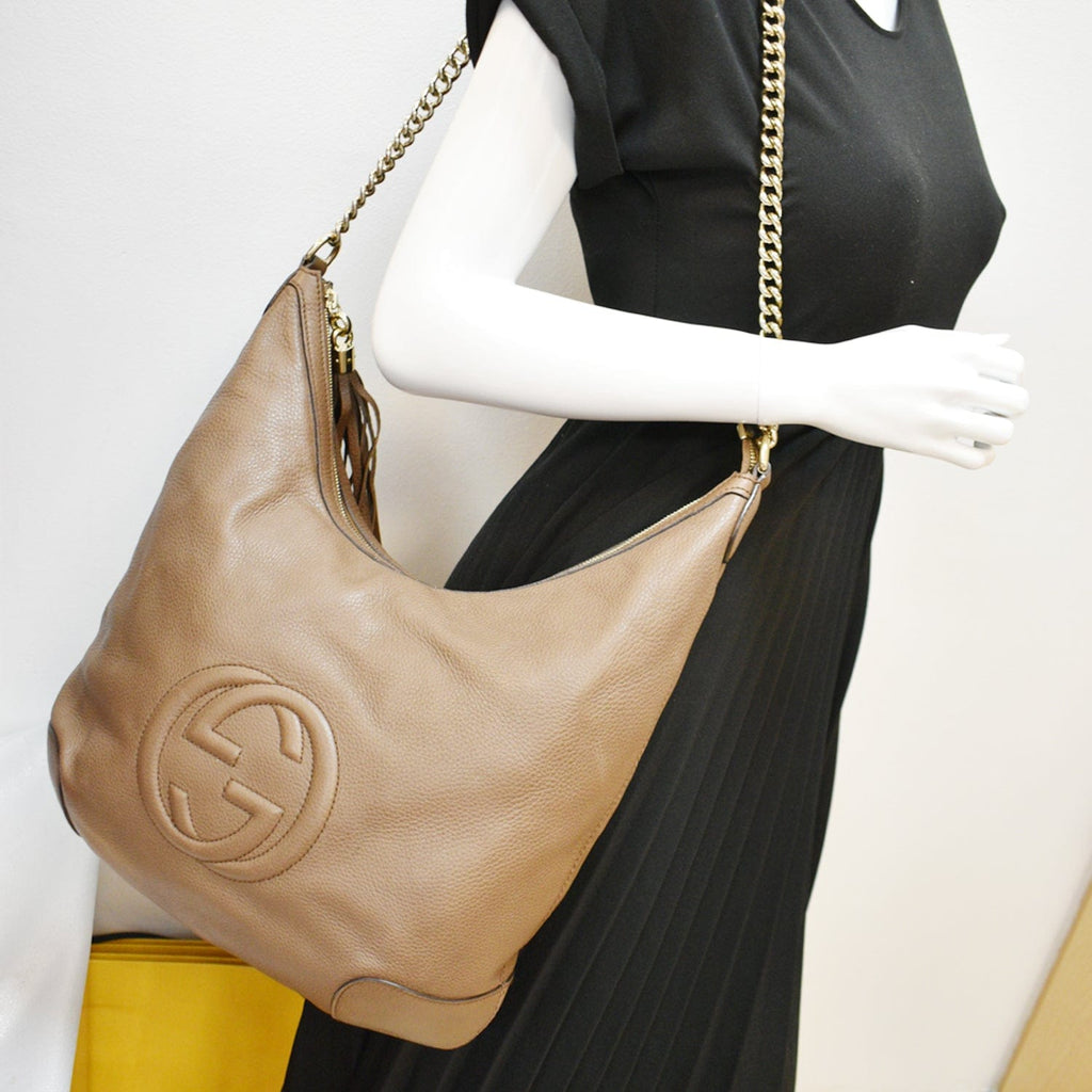 GUCCI Soho Pebbled  Leather Chain Shoulder Bag Maple Brown 308981