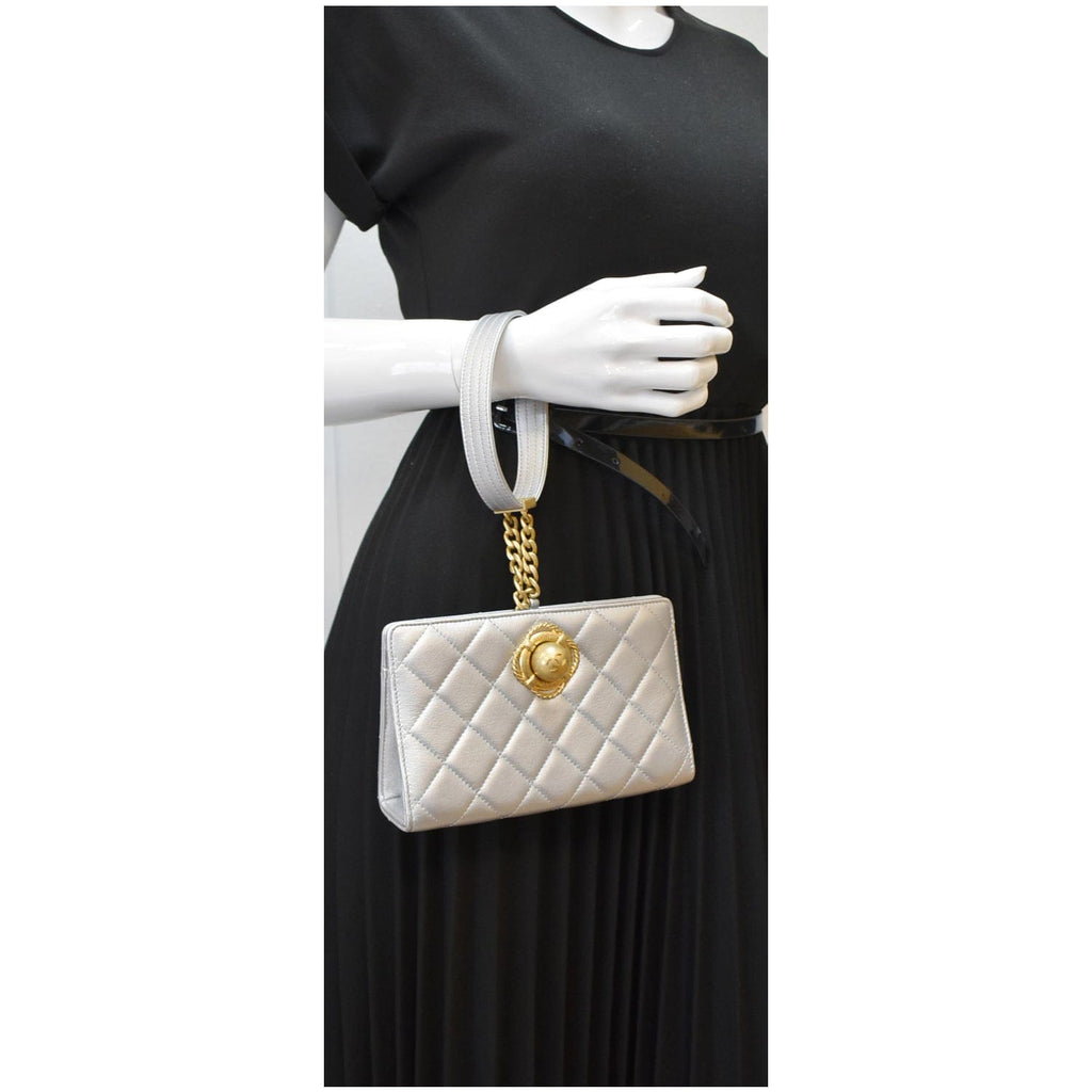 Chanel By The Sea Quilted  Leather Clutch Wallet Metallic Silver
