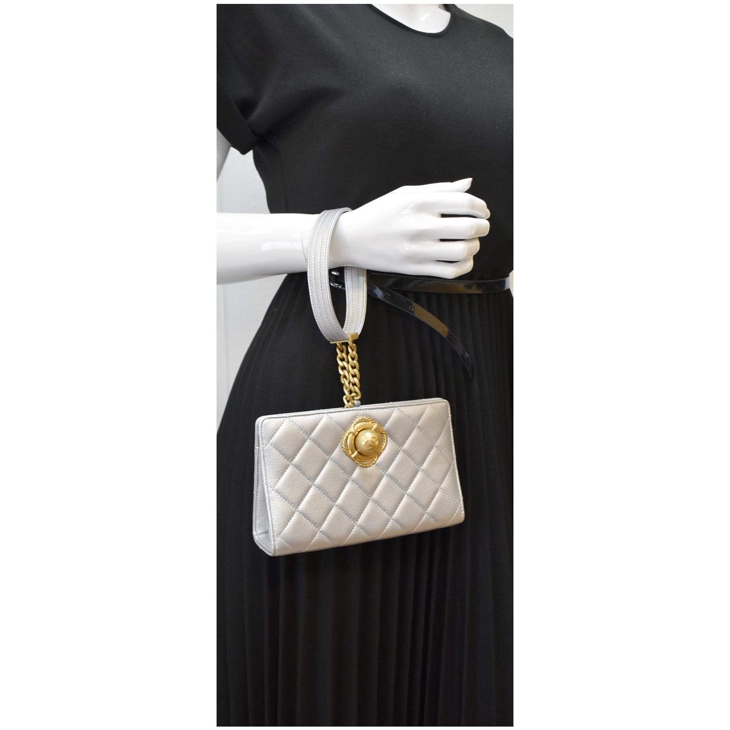 Chanel By The Sea Quilted  Leather Clutch Wallet Metallic Silver