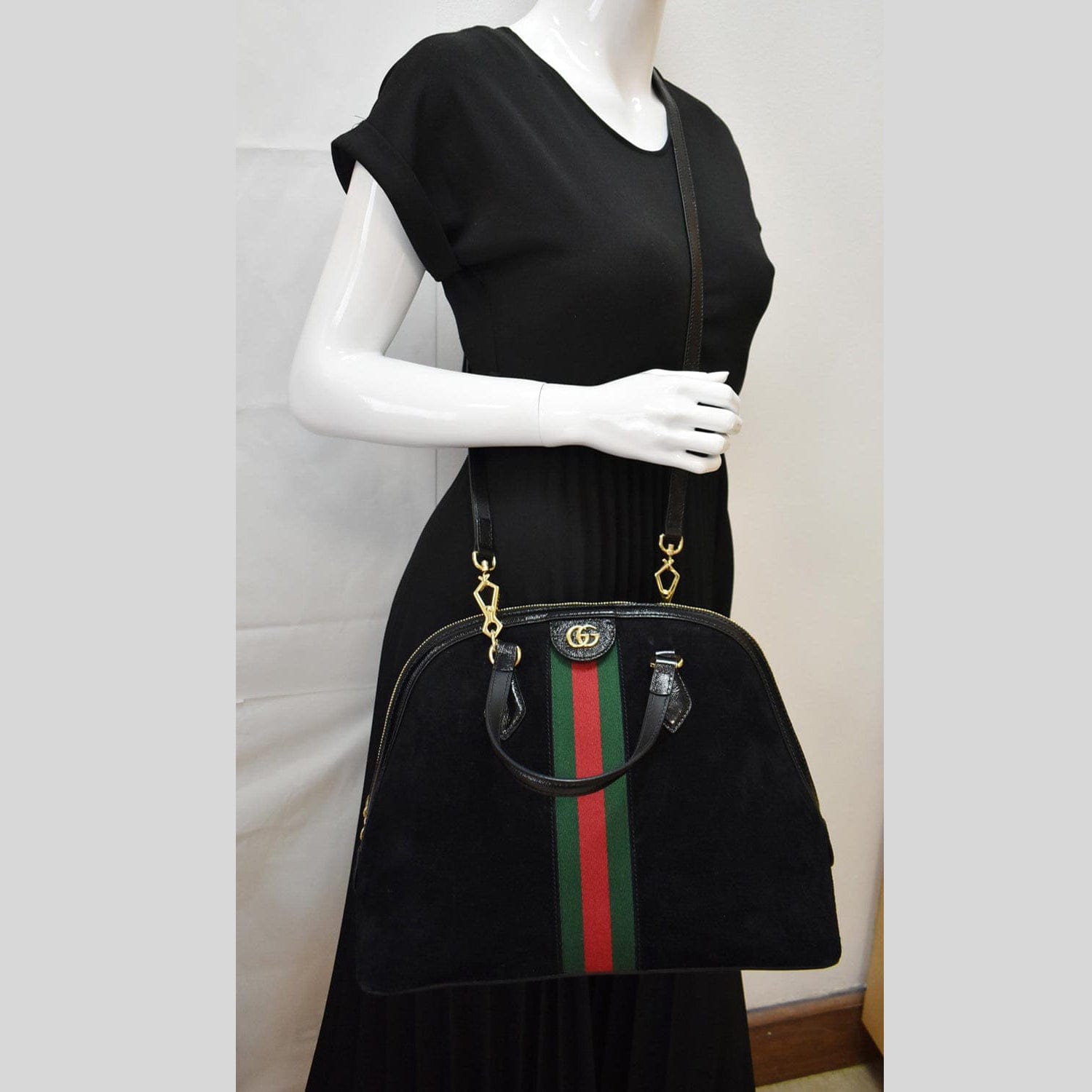 GUCCI Ophidia Gucci Suede Web Top Handle Crossbody Bag Black 524533