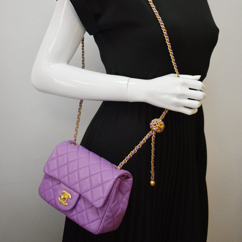 Chanel 22S Mini Pearl Crush Square Flap Leather Crossbody Bag Purple