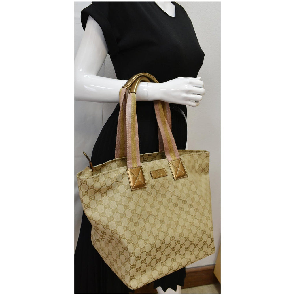 GUCCI Sherry Gucci Canvas Leather Tote Bag Beige 131231