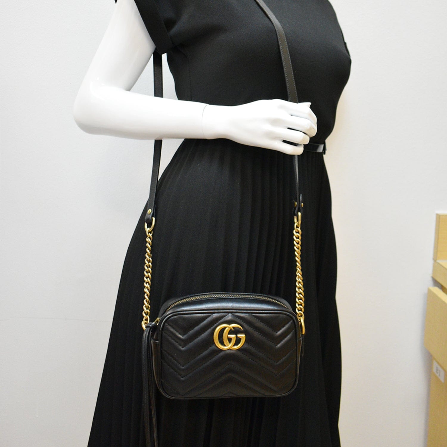 GUCCI Gucci Marmont Matelasse Mini Leather Crossbody Bag Black 448065