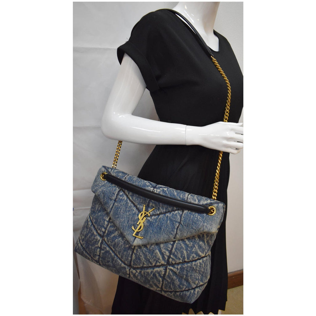 YVES SAINT LAURENT  Puffer Medium Denim Canvas Shoulder Bag Blue