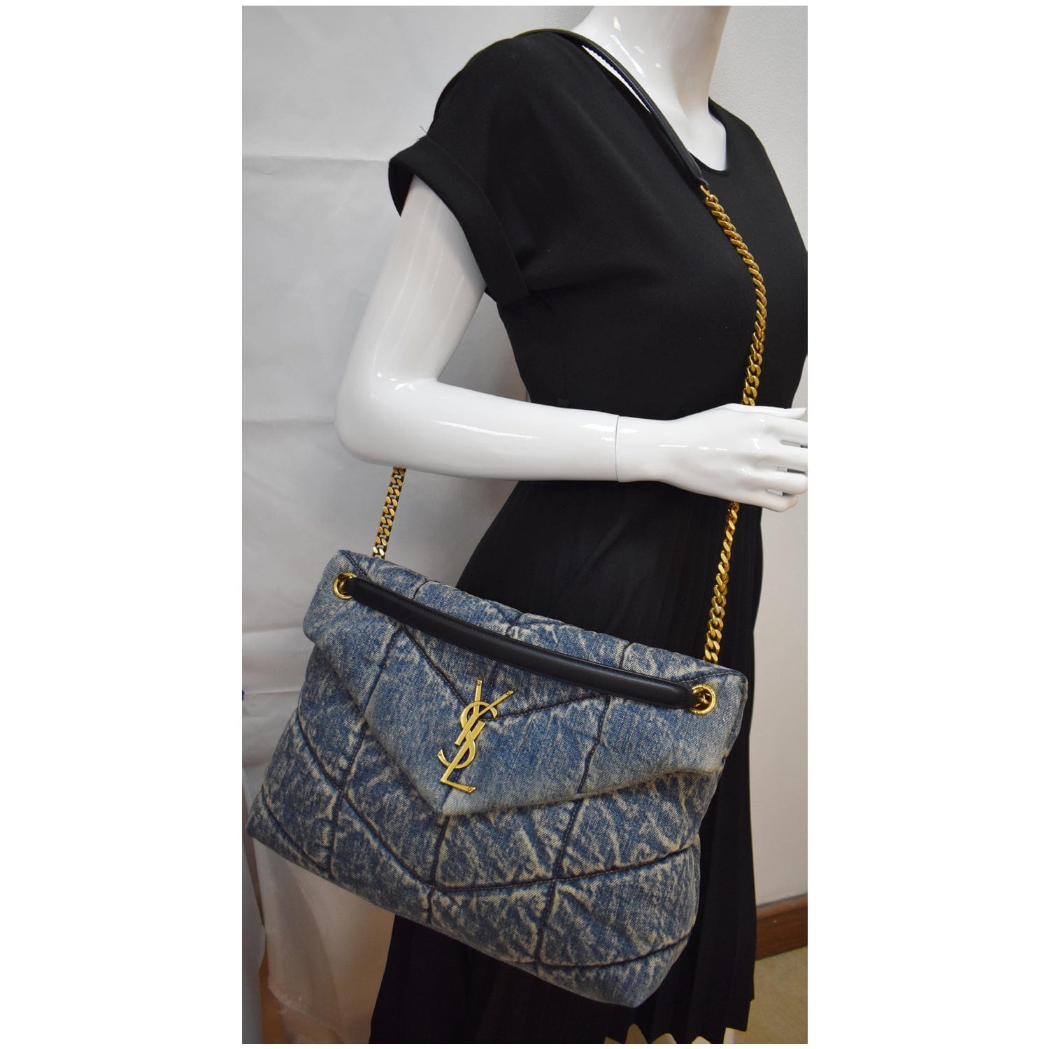 YVES SAINT LAURENT  Puffer Medium Denim Canvas Shoulder Bag Blue
