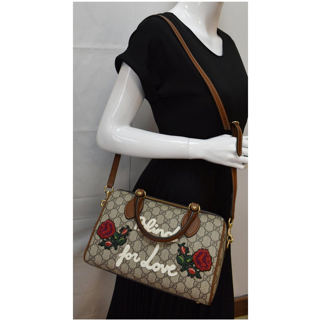 GUCCI Blind for Love Embroidered Gucci Supreme Canvas Boston Bag Maple Brown 409529