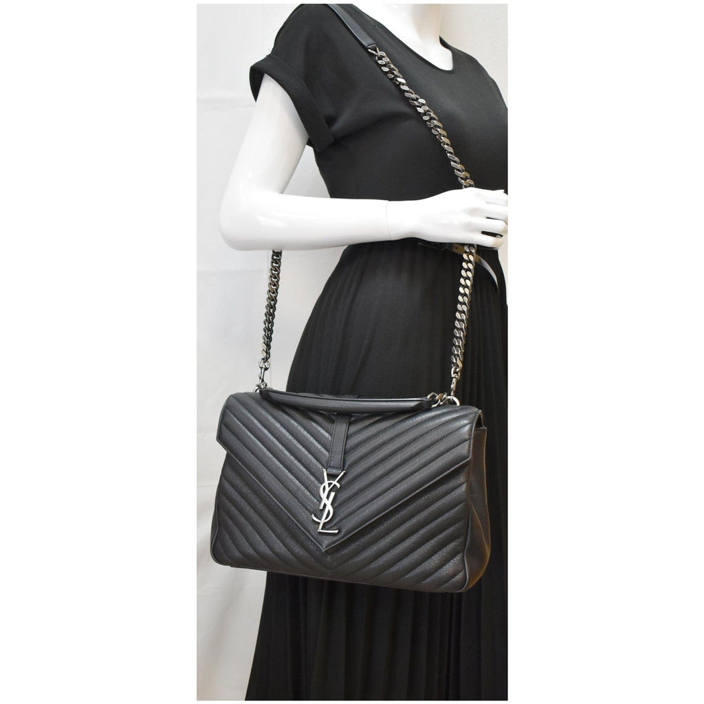 YVES SAINT LAURENT College Medium Flap MatelassÃ© Leather Shoulder Bag Black