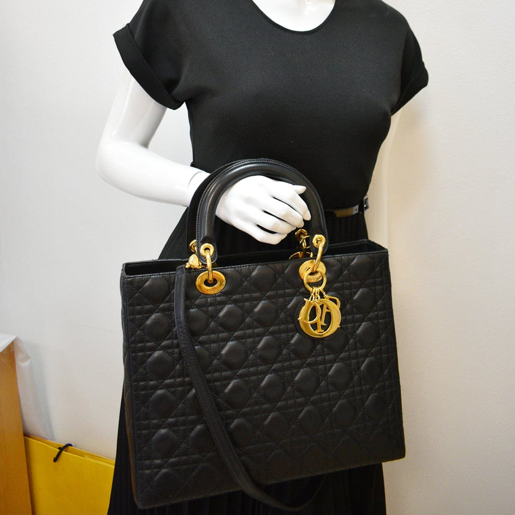 CHRISTIAN DIOR Large Lady Dior Cannage  Shoulder Bag Black