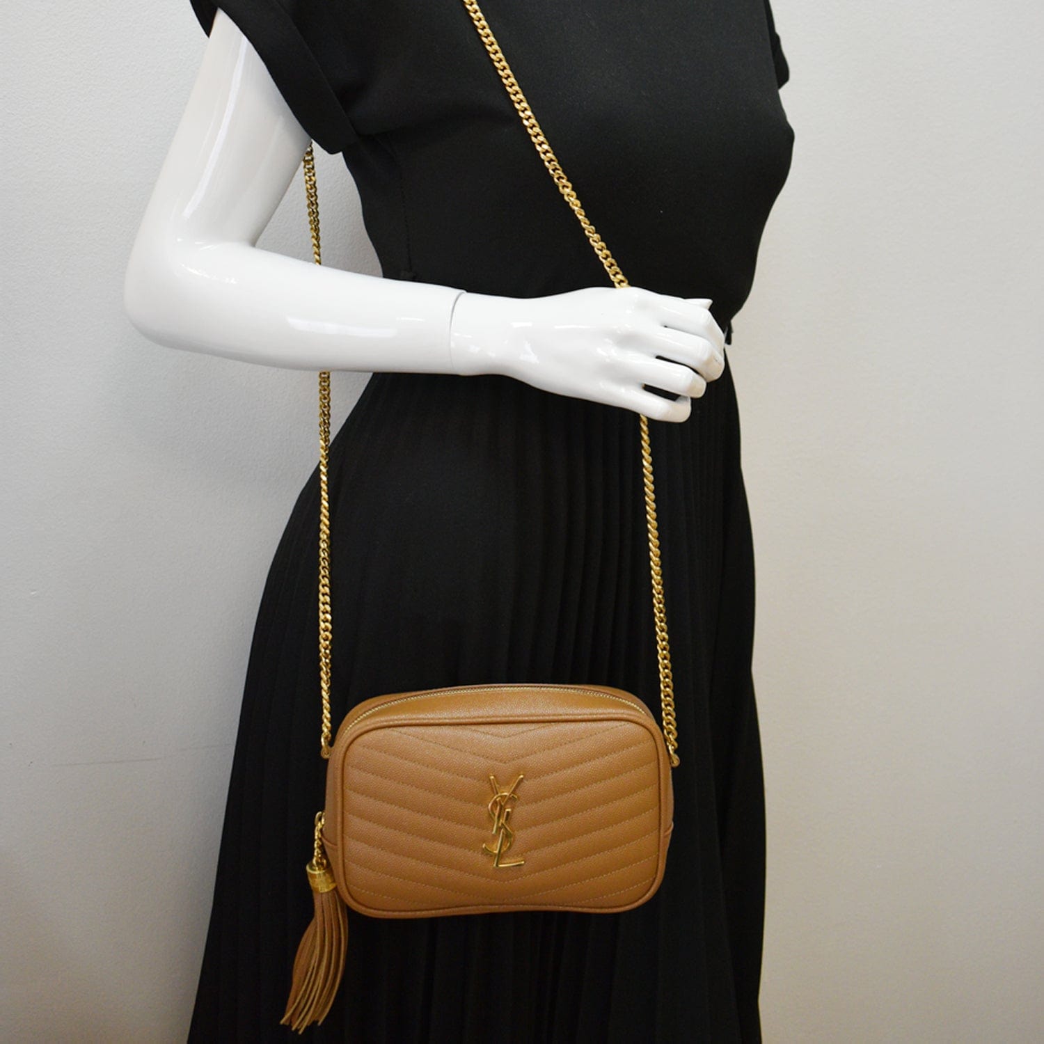 YVES SAINT LAURENT Mini Lou Grain De Poudre Camera Crossbody Bag Dark Natural