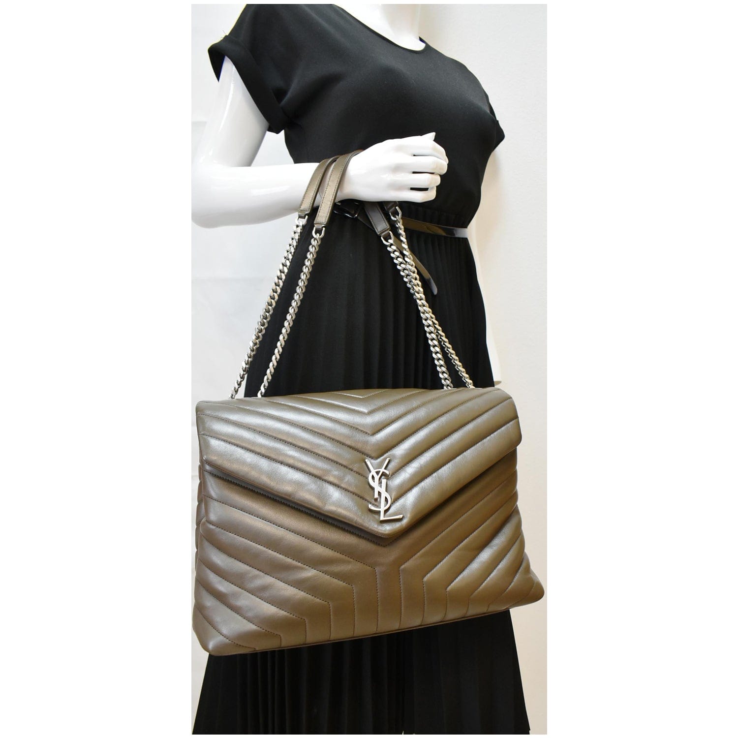 YVES SAINT LAURENT Large Loulou  Matelasse Chain Shoulder Bag Khaki Green