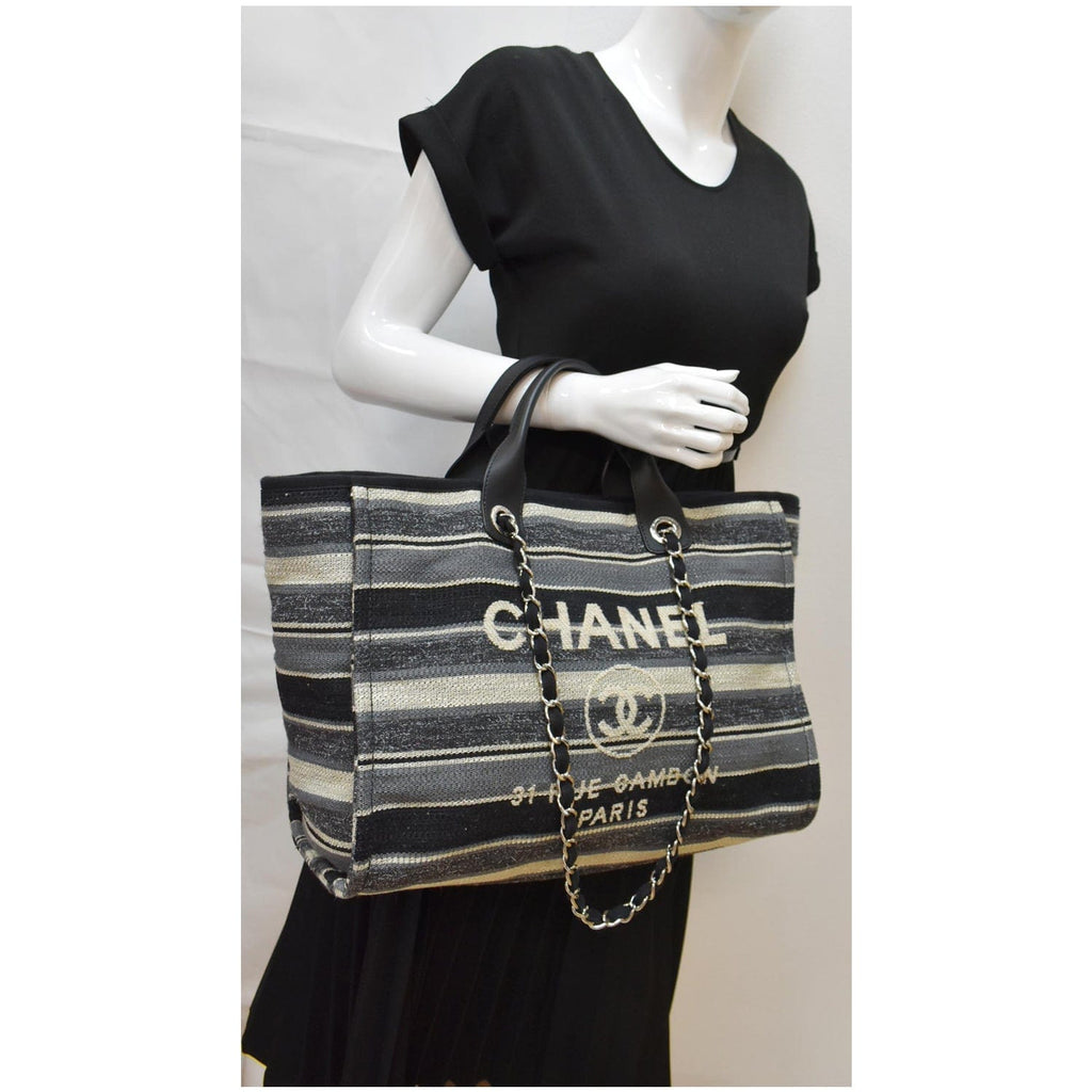 Chanel Deauville Medium Striped Tweed Canvas Tote Bag Black/Grey