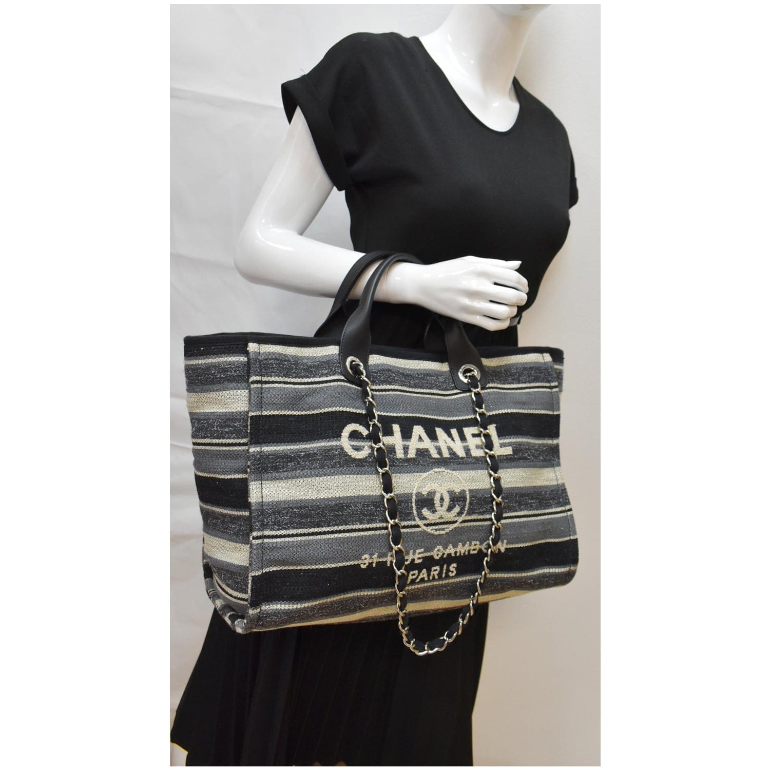 Chanel Deauville Medium Striped Tweed Canvas Tote Bag Black/Grey