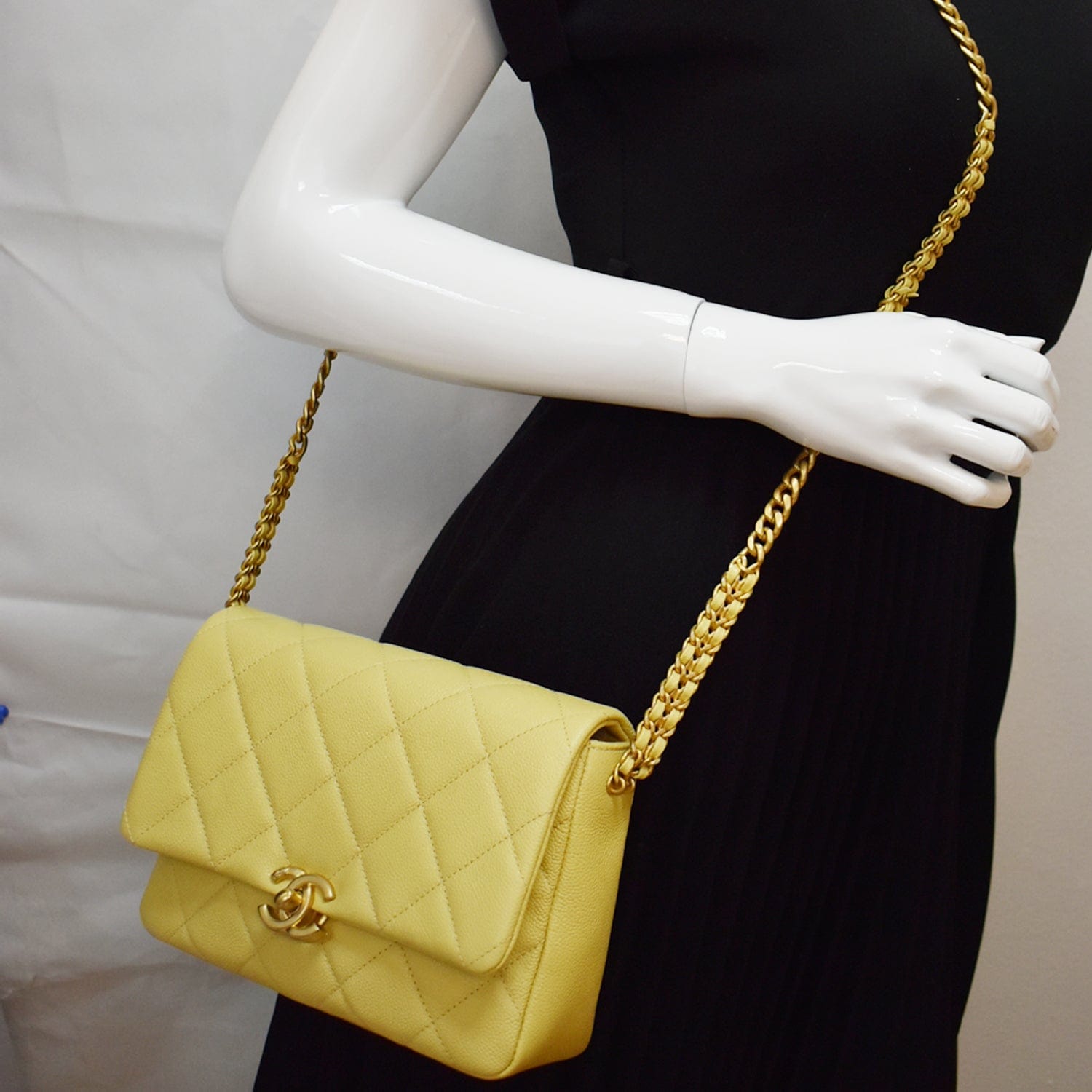 Chanel Melody Flap Small Quilted Caviar Leather Shoulder Bag Yellow