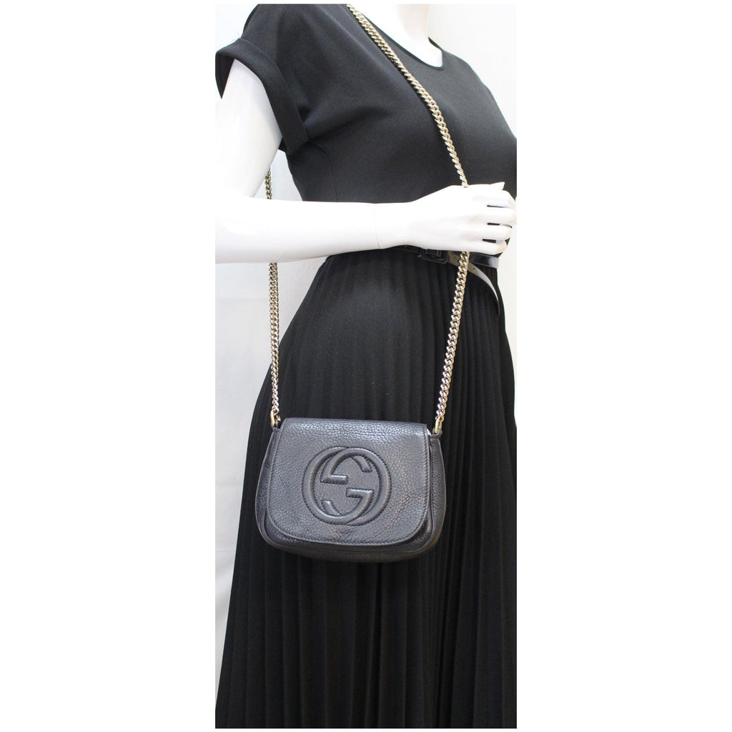 GUCCI Gucci Soho Pebbled Leather Chain Shoulder Bag Black 323190