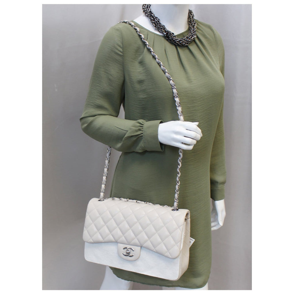 Chanel Classic Jumbo Double Flap Caviar Leather Leather Ivory Shoulder Bag