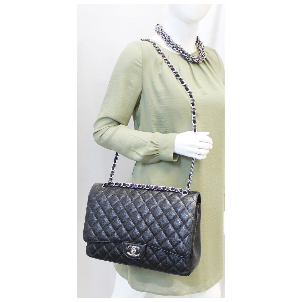 Chanel Maxi Caviar Leather Leather Jumbo Double Flap Shoulder Bag Black