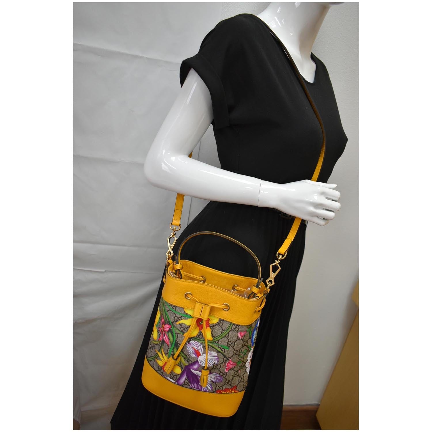 GUCCI Ophidia Flora Small Gucci Canvas Bucket Bag Yellow 550621