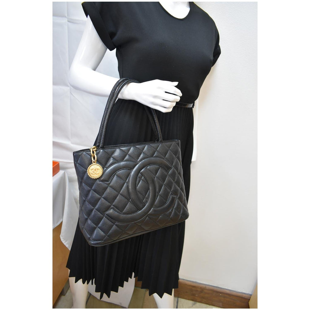 Chanel Medallion Quilted Caviar Leather Tote Bag Black