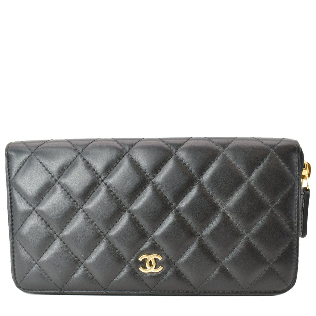 Chanel Quilted Leather Zip Around Wallet Black