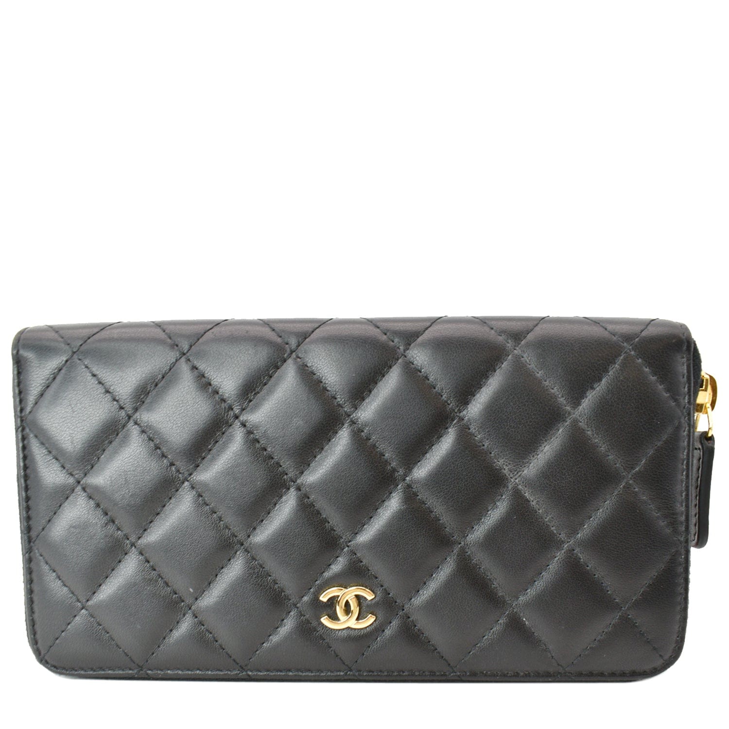 Chanel Quilted Leather Zip Around Wallet Black