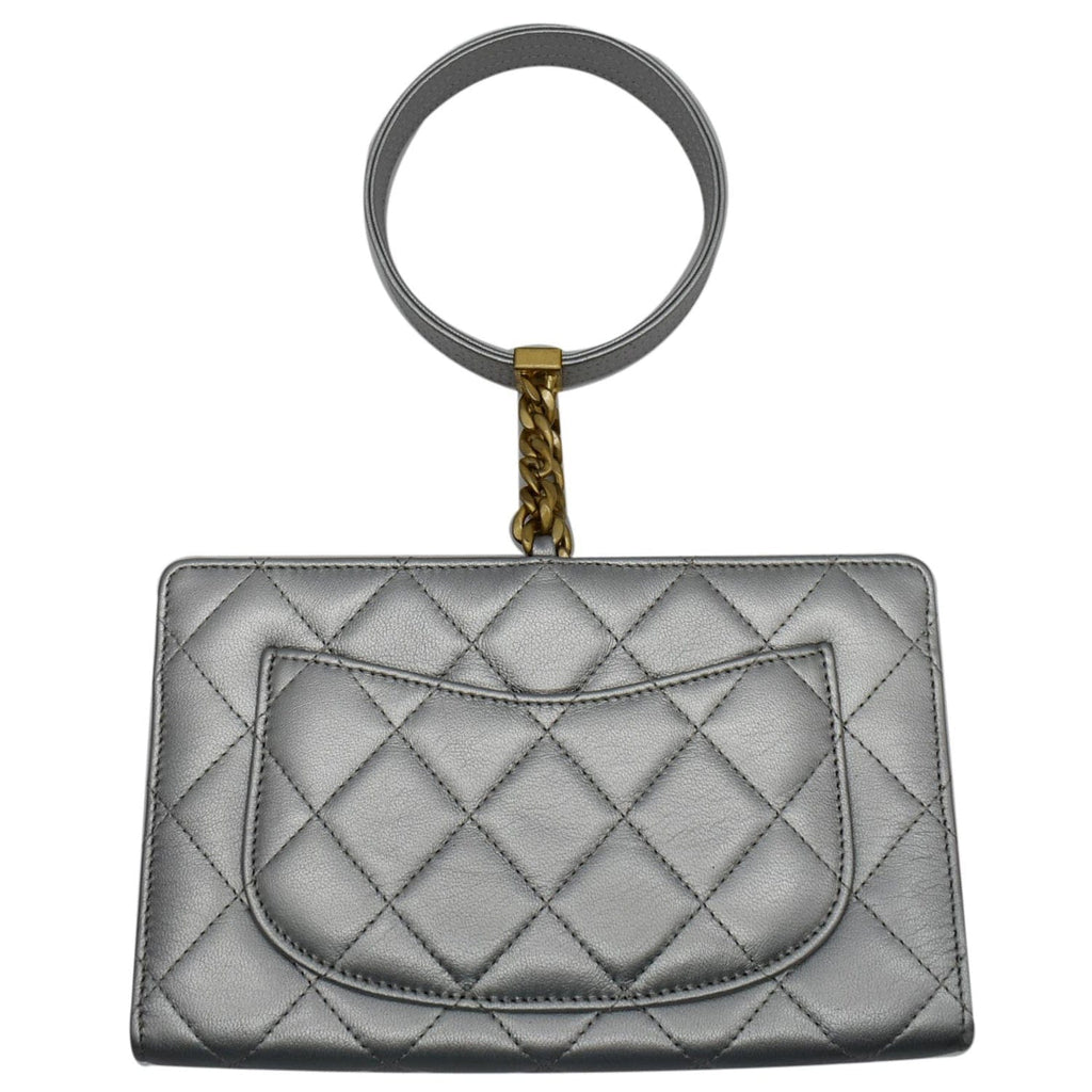 Chanel By The Sea Quilted  Leather Clutch Wallet Metallic Silver