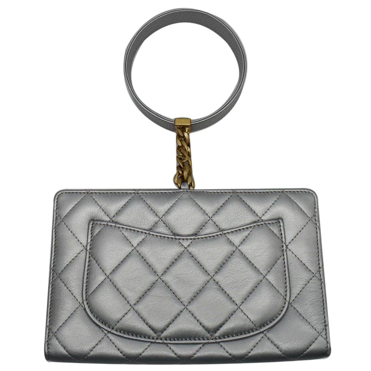 Chanel By The Sea Quilted  Leather Clutch Wallet Metallic Silver