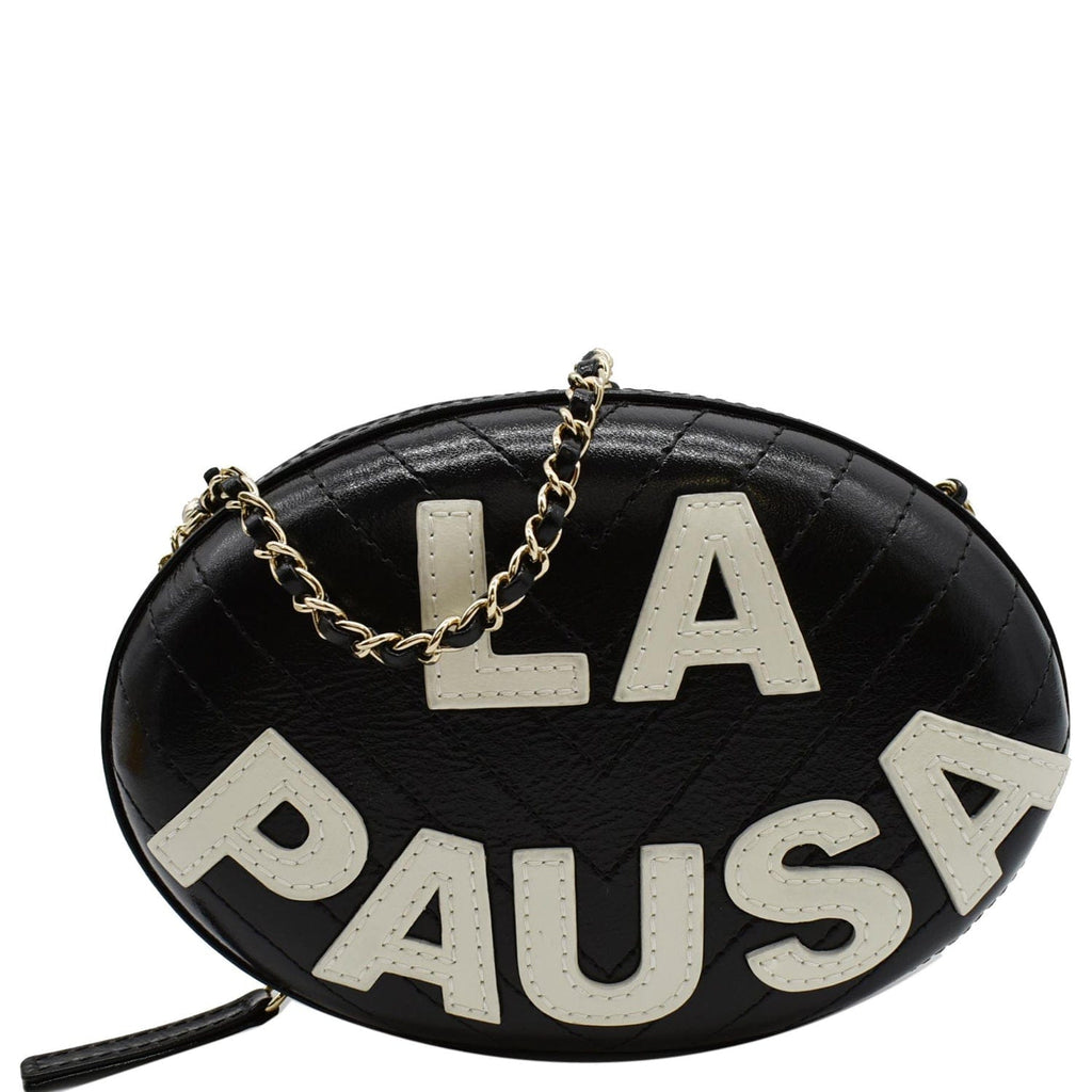 Chanel La Pausa Embroidered Chevron Leather Chain Clutch Bag Black