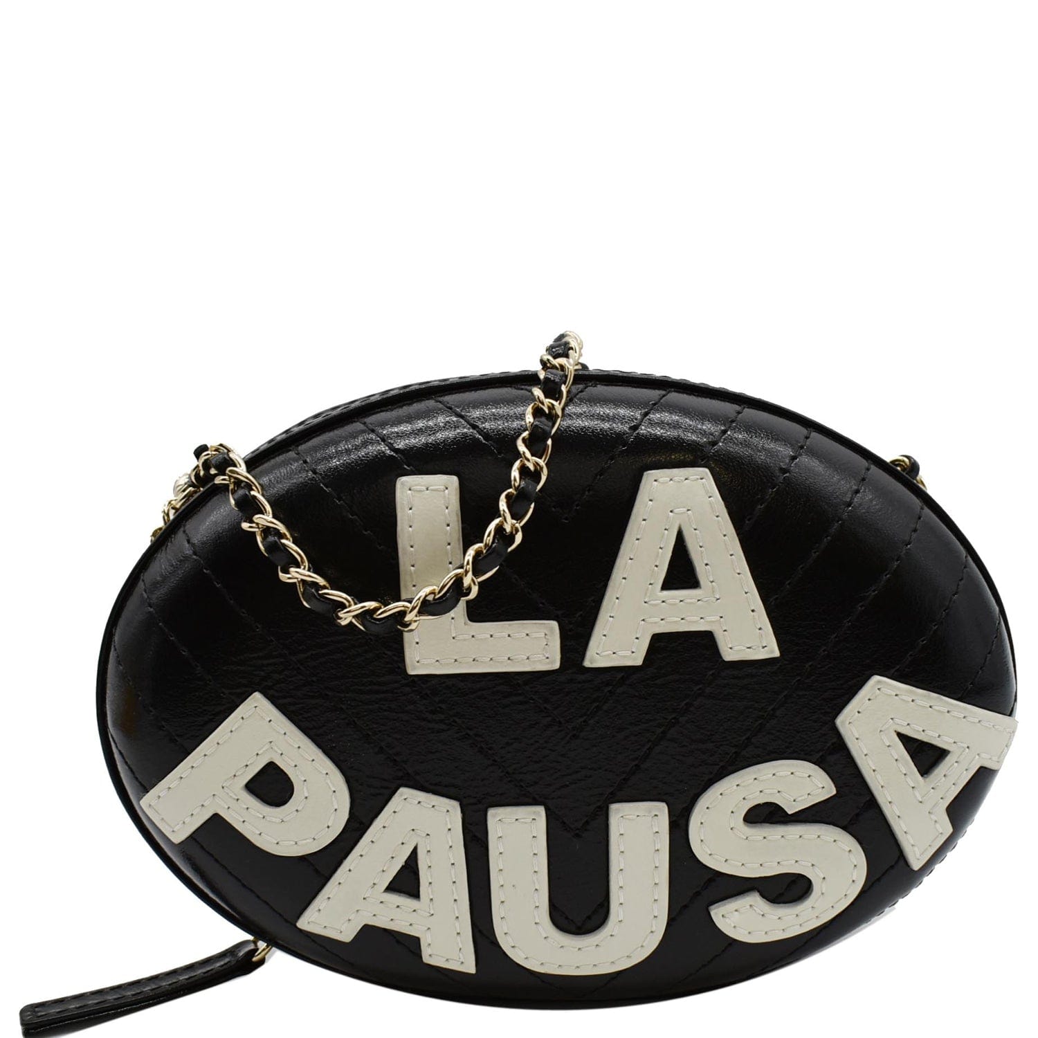 Chanel La Pausa Embroidered Chevron Leather Chain Clutch Bag Black