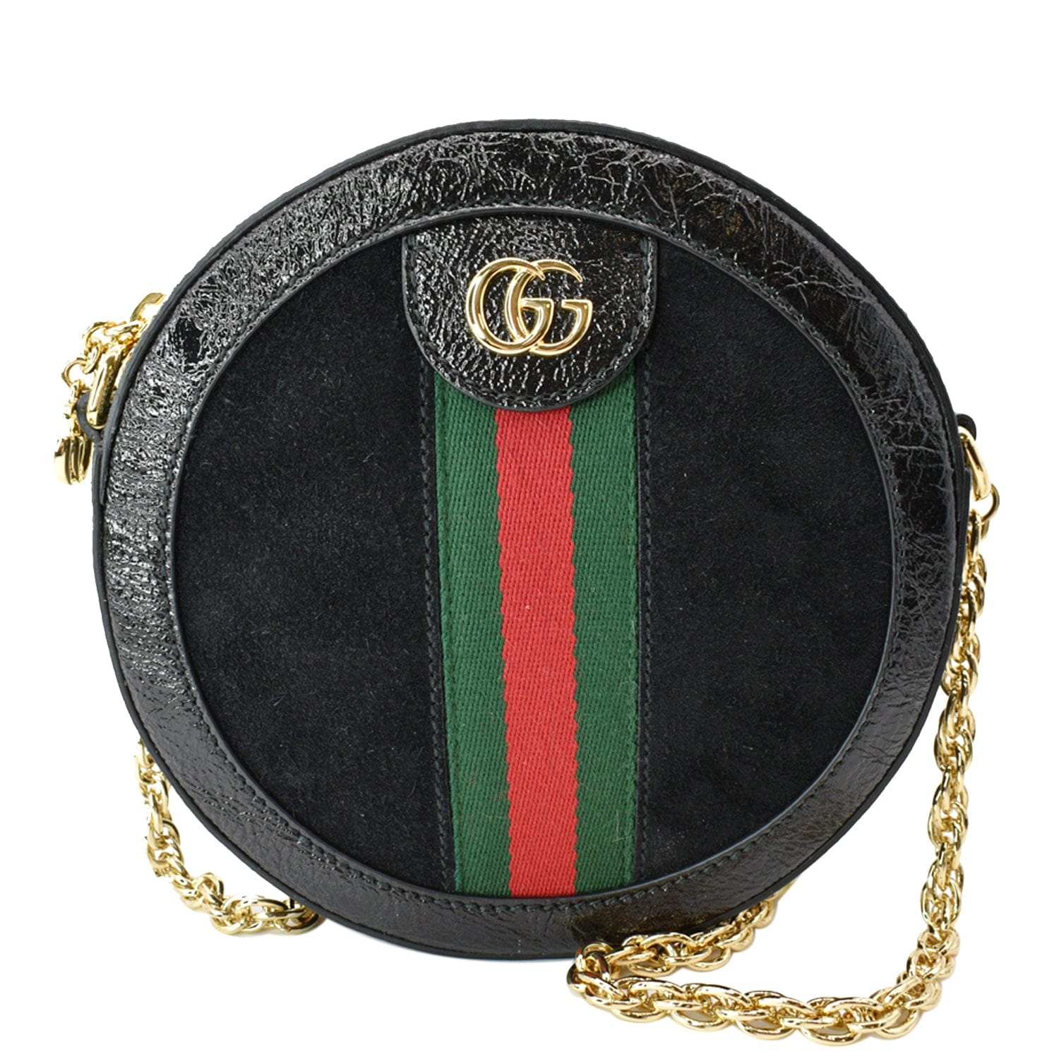 GUCCI Ophidia Mini Gucci Round Web Leather Crossbody Bag Black 550618