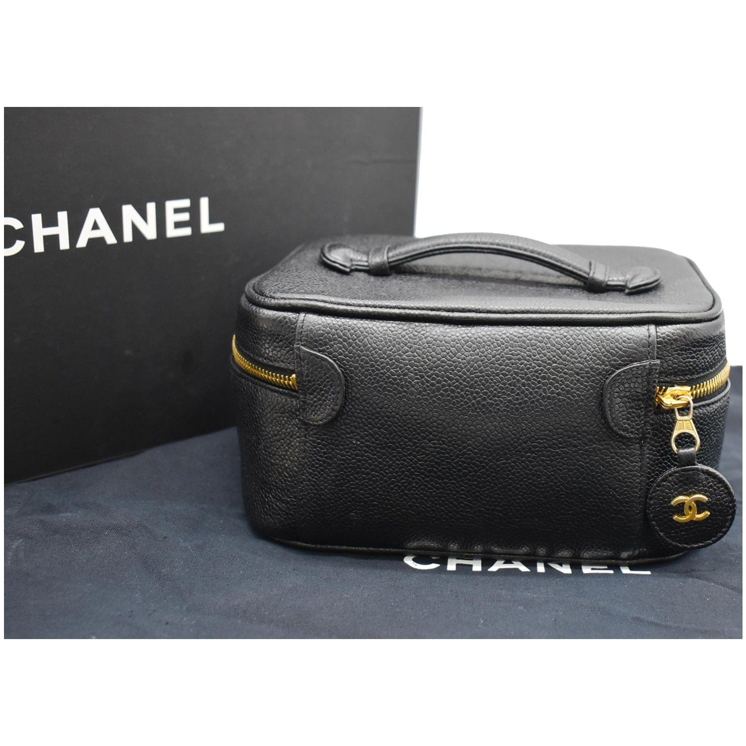 Chanel  Vanity Case Leather Chain Cosmetic Bag Black