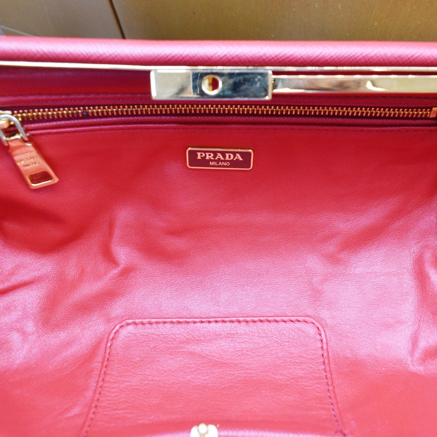 PRADA East-West Frame Saffiano Leather Clutch Bag Red