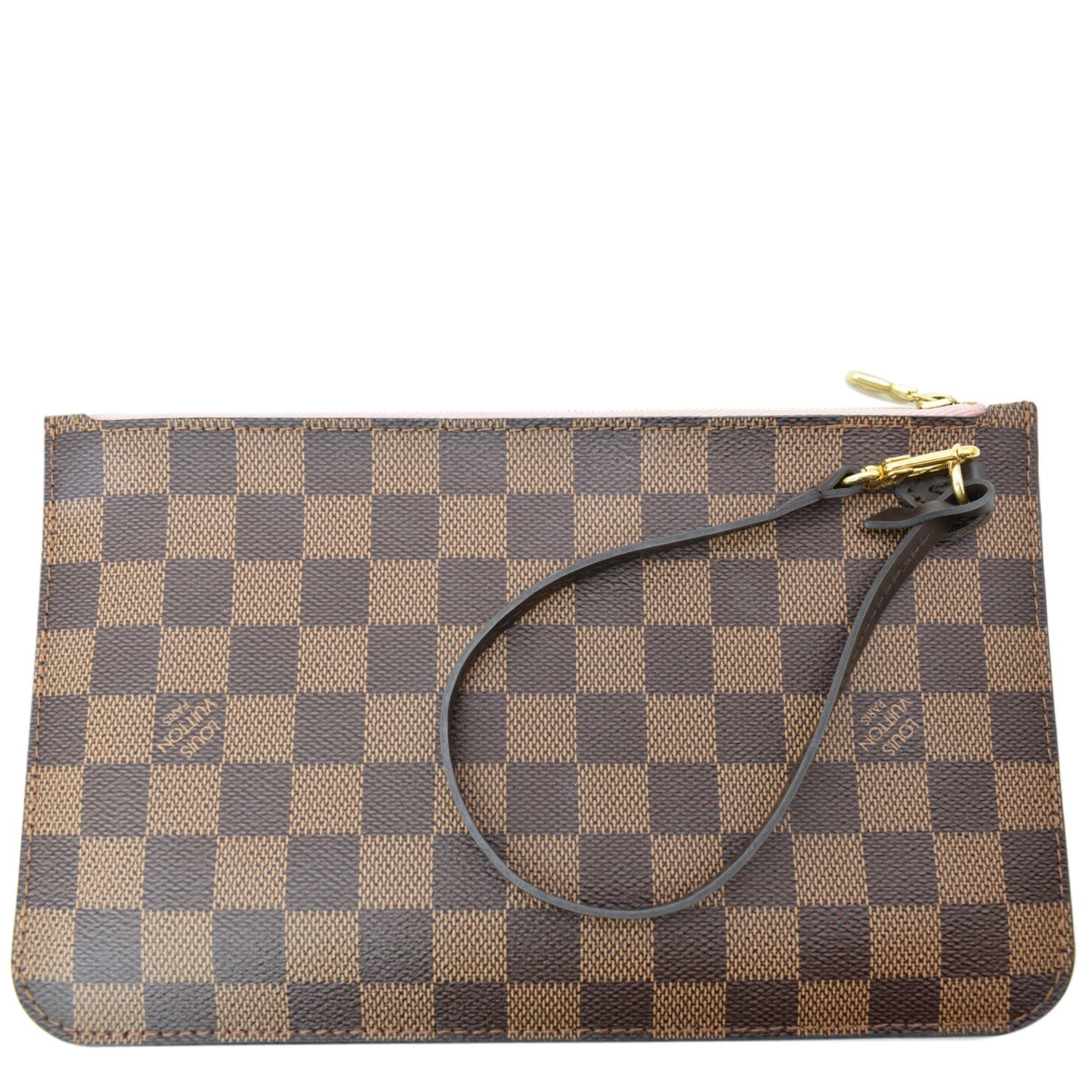 LOUIS VUITTON Pochette Wristlet Pouch Damier Ebene Neverfull MM Rose Ballerine