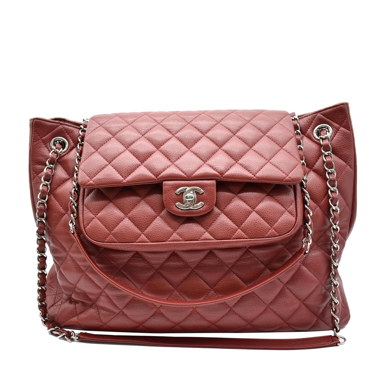 Chanel Front Flap Pocket Quilted Caviar Leather Tote Shoulder Bag Red- 20% OFF