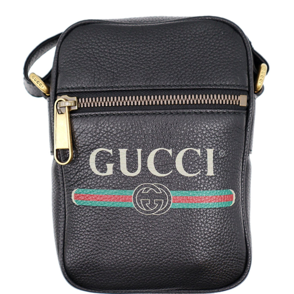 GUCCI Logo Grained  Leather Messenger Bag Black 574803