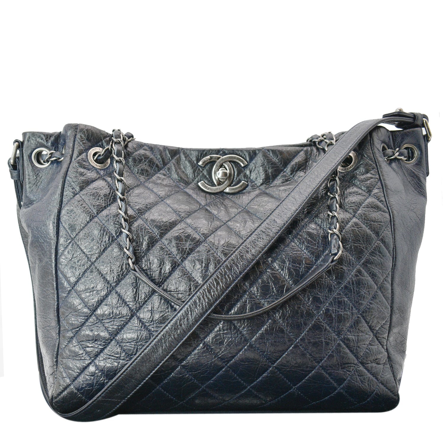 Chanel Glazed Aged  Distressed Tote Shoulder Bag Blue