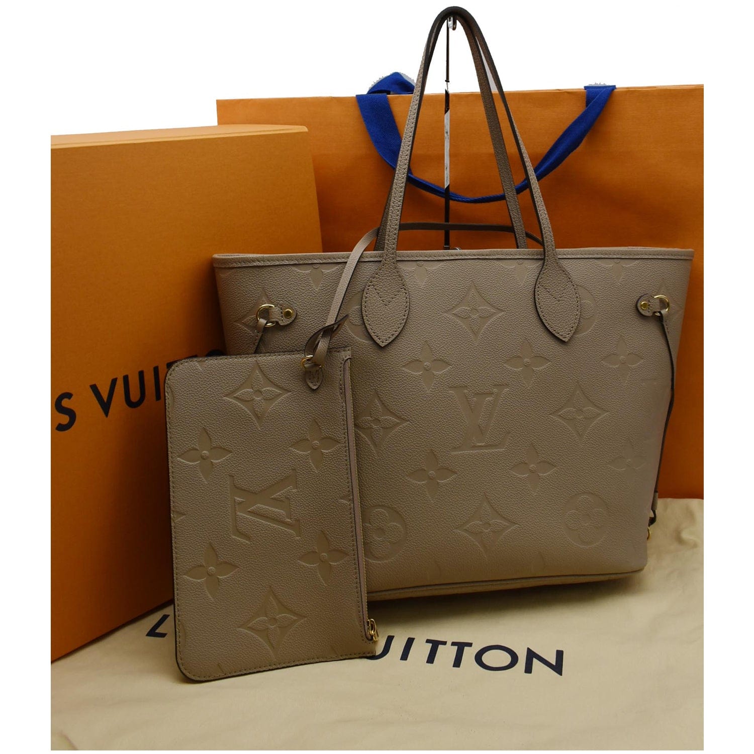 LOUIS VUITTON Neverfull MM Monogram Empreinte Tote Bag Beige