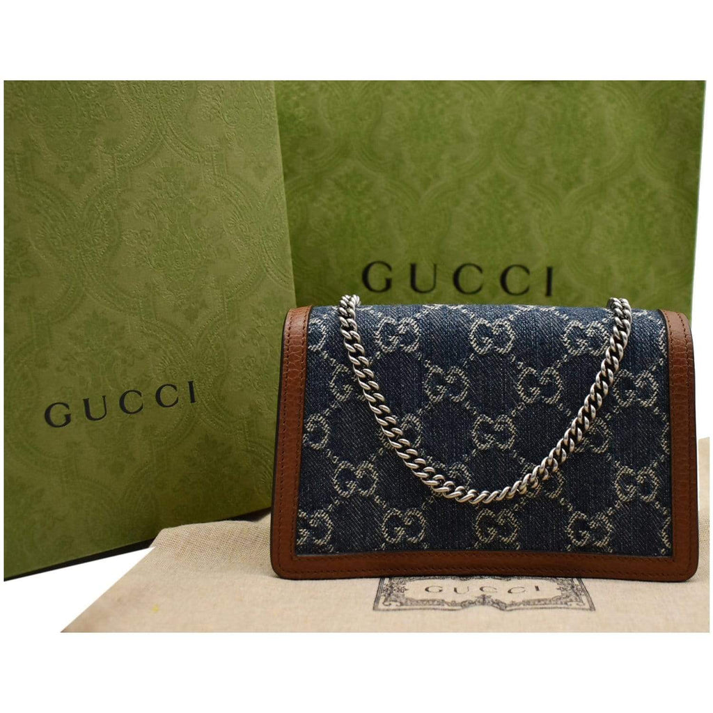 GUCCI Dionysus Super Mini Gucci Jacquard Denim Chain Shoulder Bag Dark Blue 476432