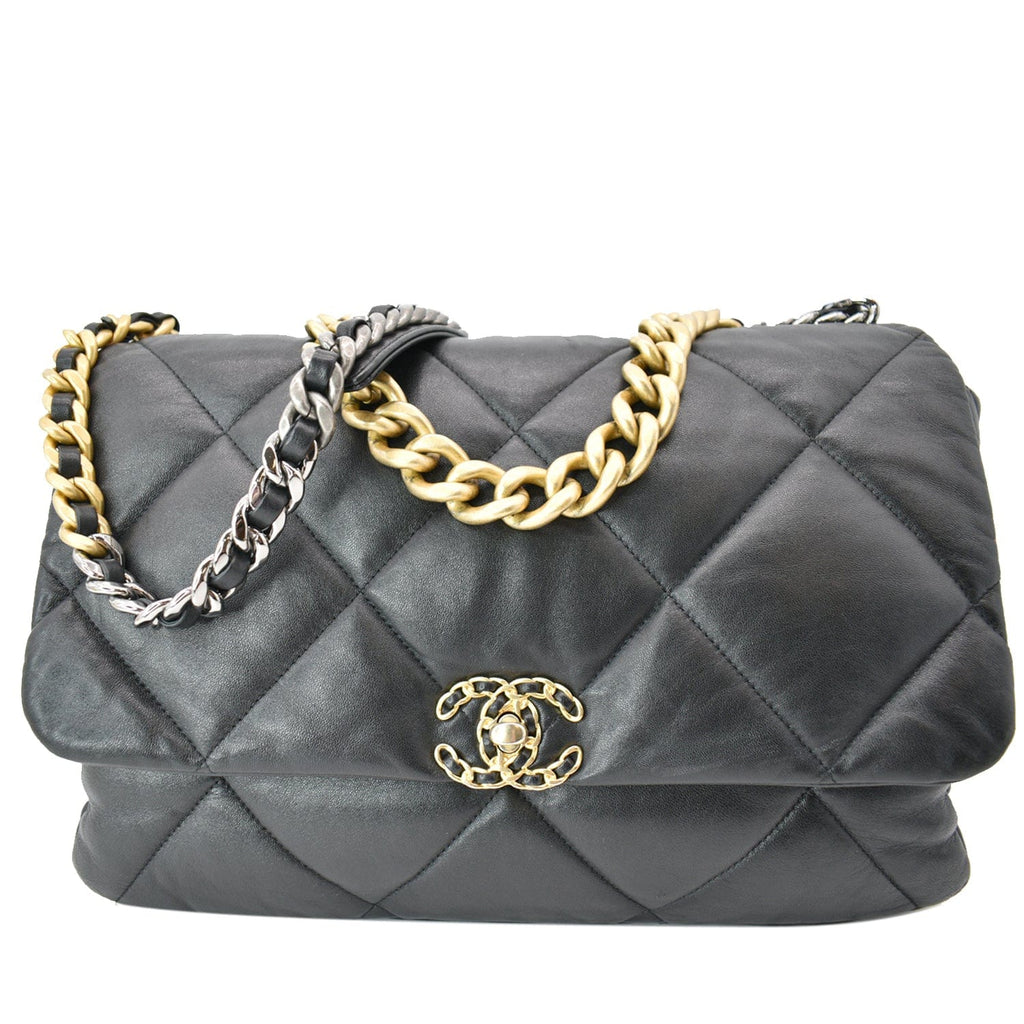 Chanel 19 Large Flap Quilted  Leather Shoulder Bag Black