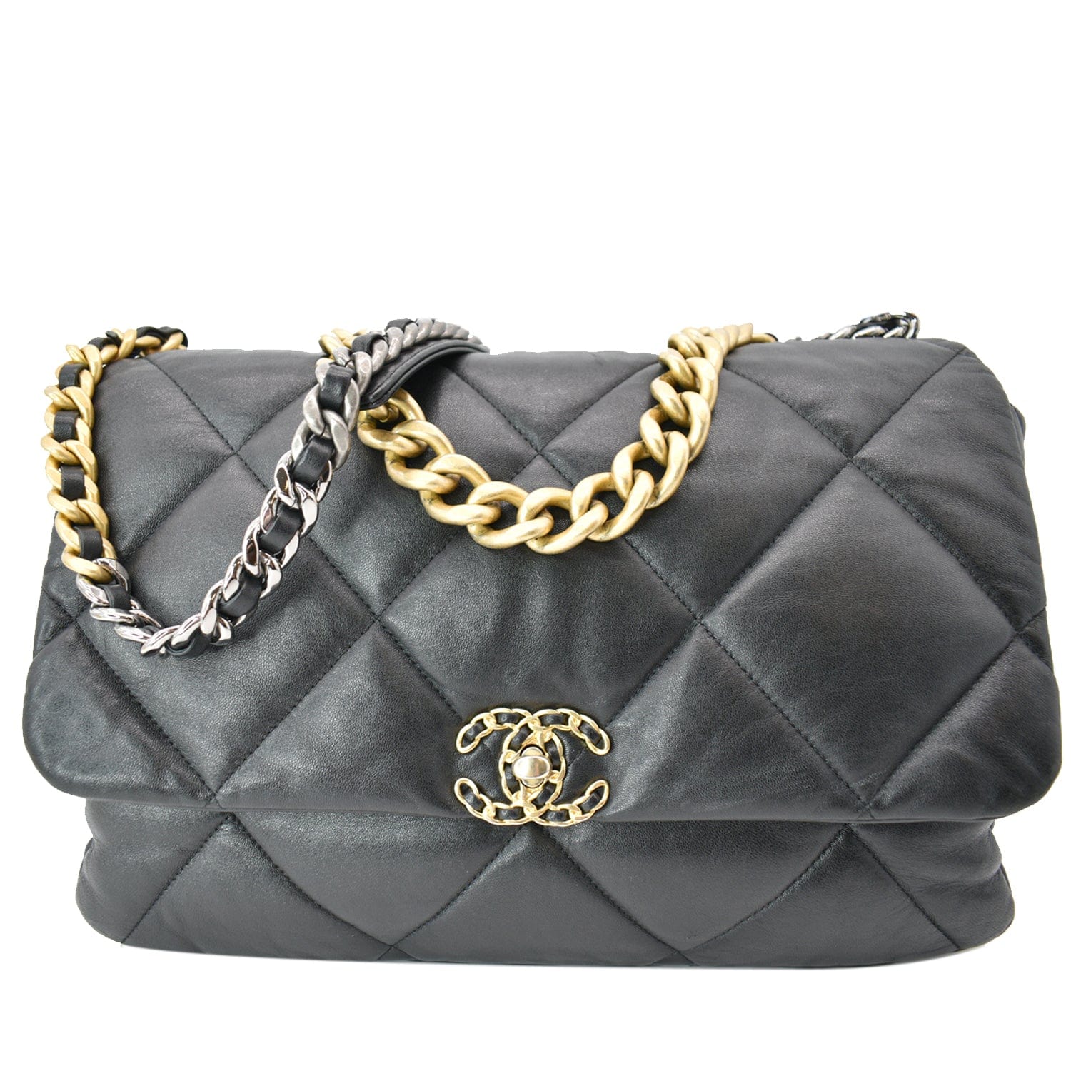Chanel 19 Large Flap Quilted  Leather Shoulder Bag Black