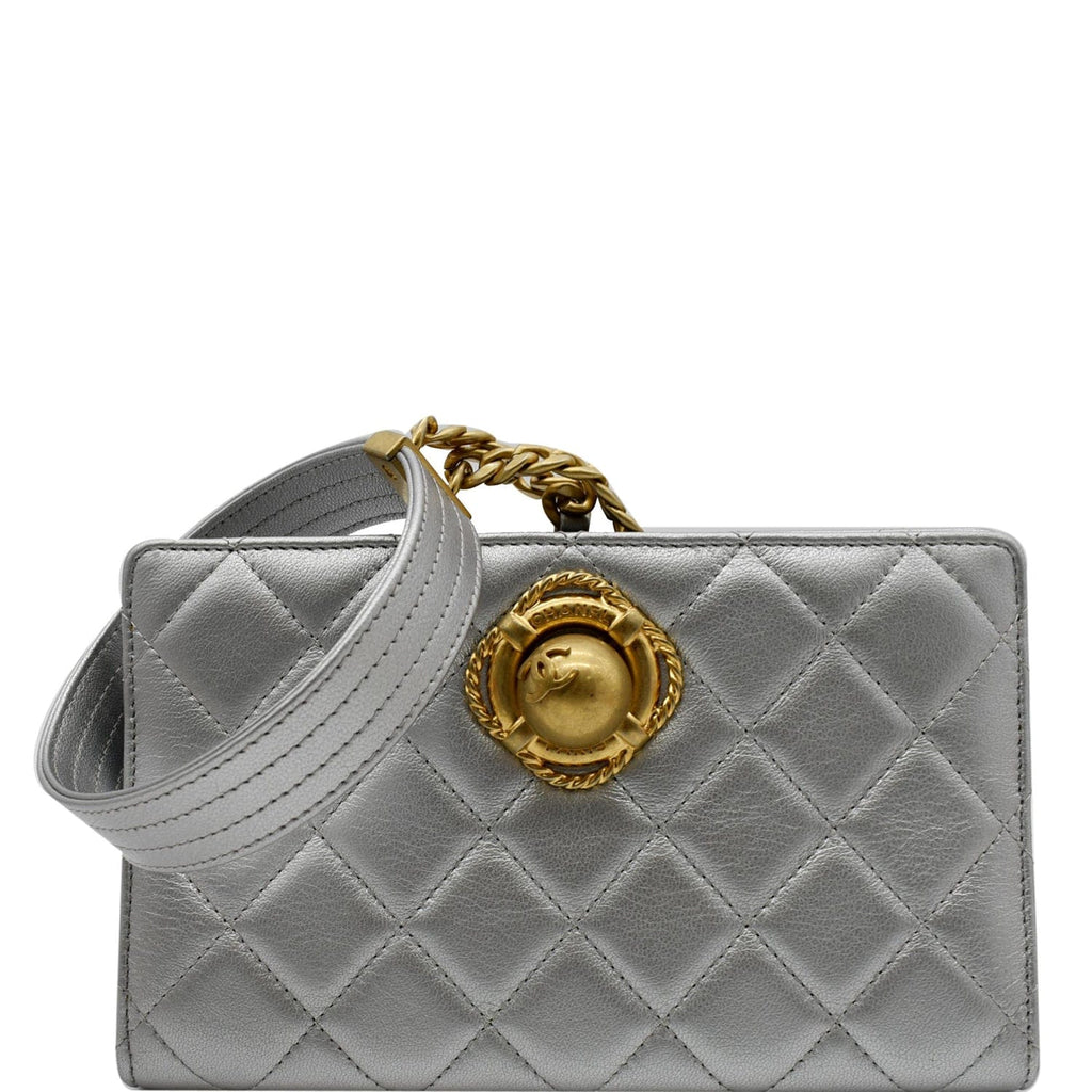 Chanel By The Sea Quilted  Leather Clutch Wallet Metallic Silver