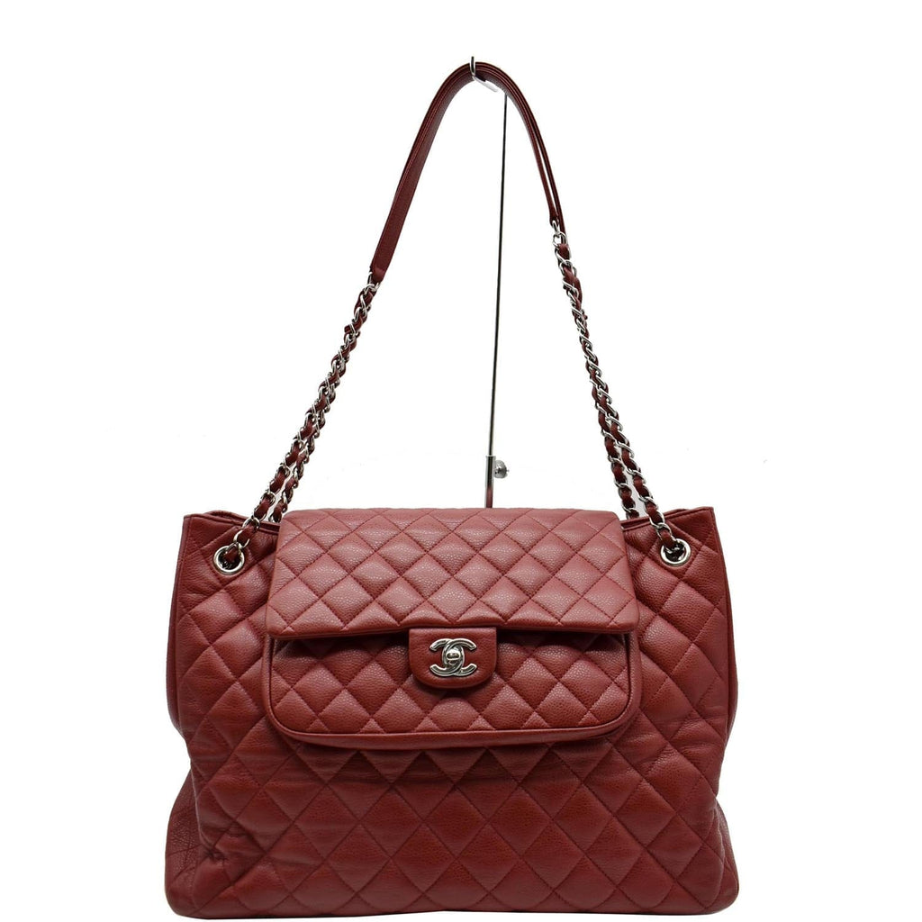 Chanel Front Flap Pocket Quilted Caviar Leather Tote Shoulder Bag Red- 20% OFF