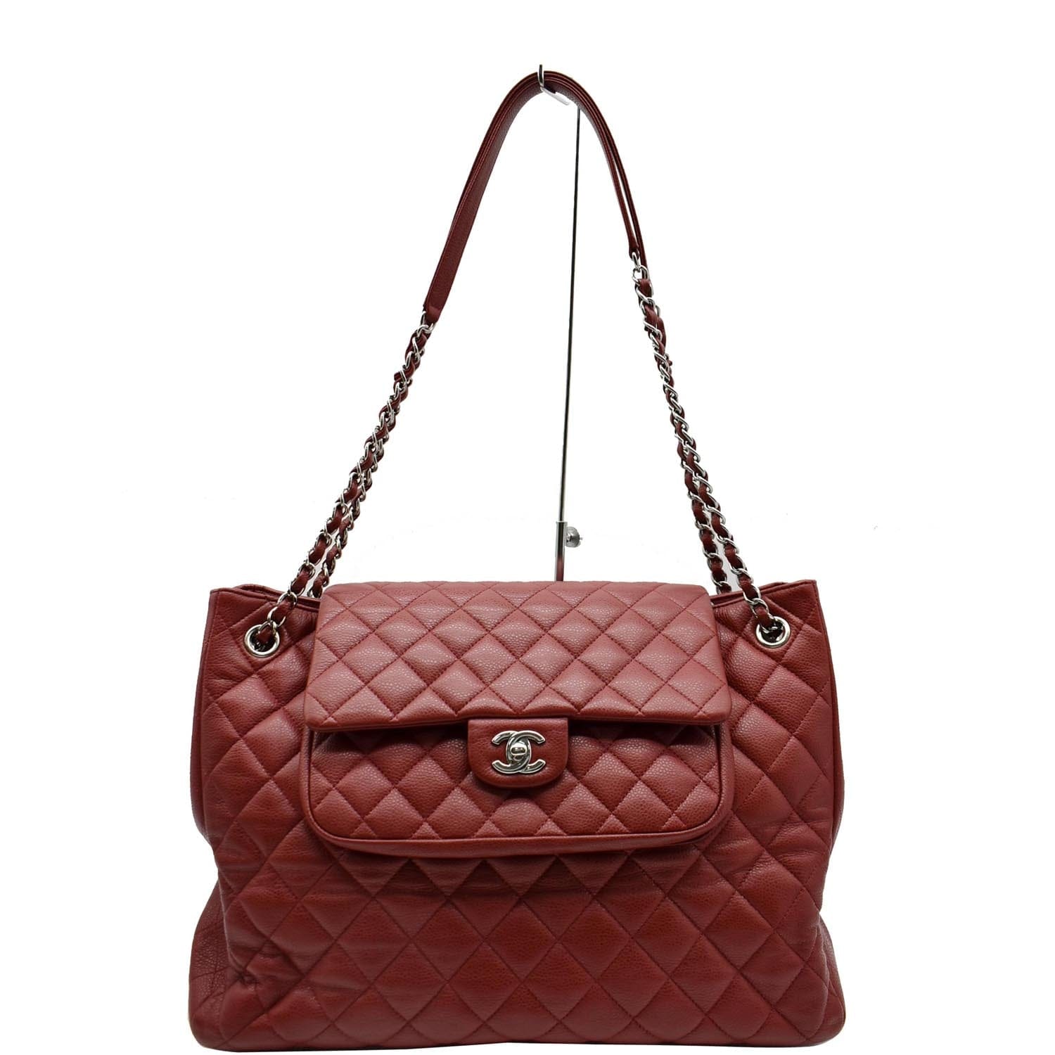 Chanel Front Flap Pocket Quilted Caviar Leather Tote Shoulder Bag Red- 20% OFF