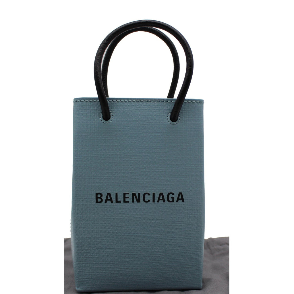BALENCIAGA Leather Phone Holder Shopping Tote Shoulder Bag Sky Blue