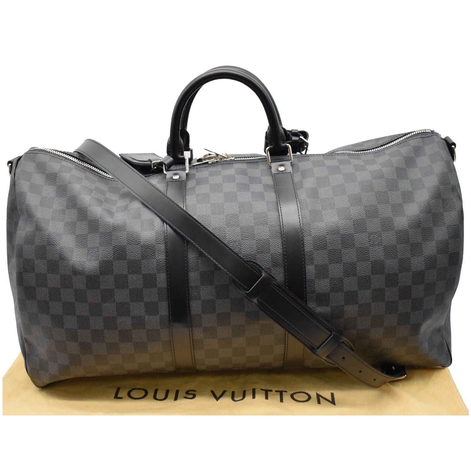 LOUIS VUITTON Keepall 55 Damier Graphite Bandouliere Travel Bag Black