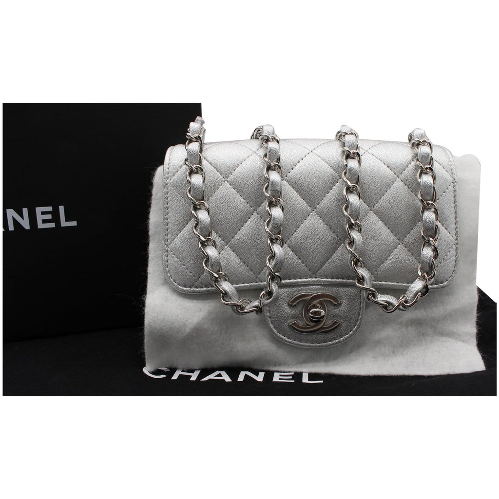 Chanel Mini Square Flap Quilted Leather Shoulder Bag Metallic Silver
